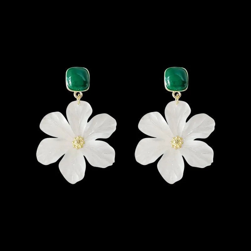 Dark green alloy earrings with sweet flowers needle design for female wearers