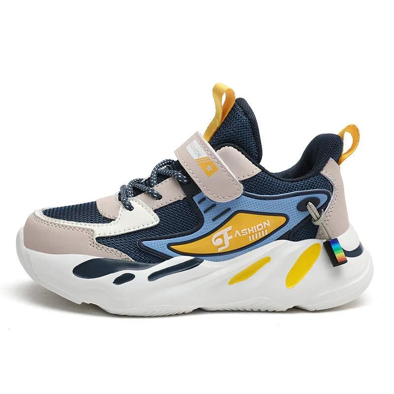 Boys' dark blue and light blue sports running shoes with Velcro strap and mesh upper.