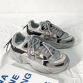 Men's white Korean style platform dad shoes with front lace-up and chunky sole on a plain background.