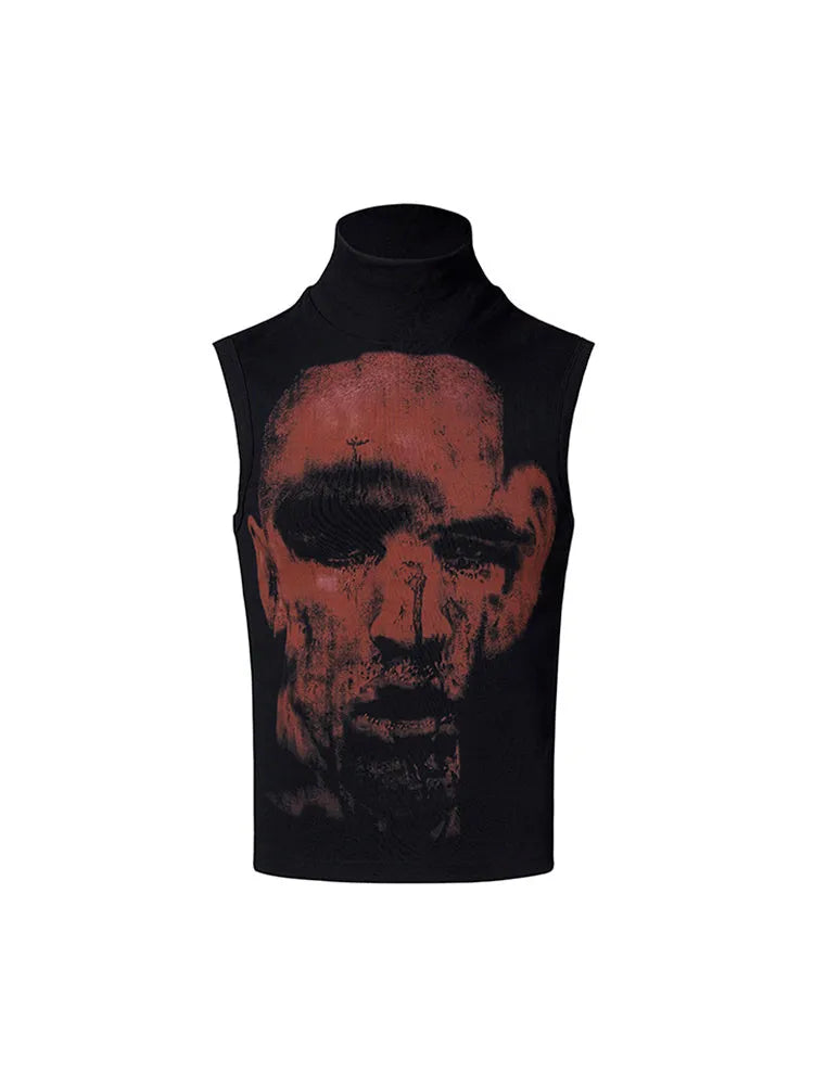 Half turtleneck slim-fit sleeveless T-shirt with printed character pattern in black cotton fabric
