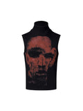 Half turtleneck slim-fit sleeveless T-shirt with printed character pattern in black cotton fabric
