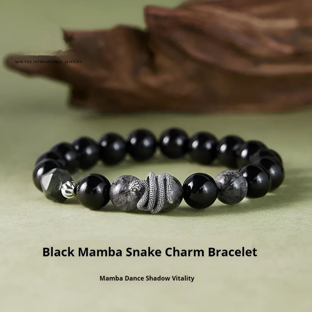 Black retro snake bracelet in 925 sterling silver with obsidian stone, showing animal modelling and certificate