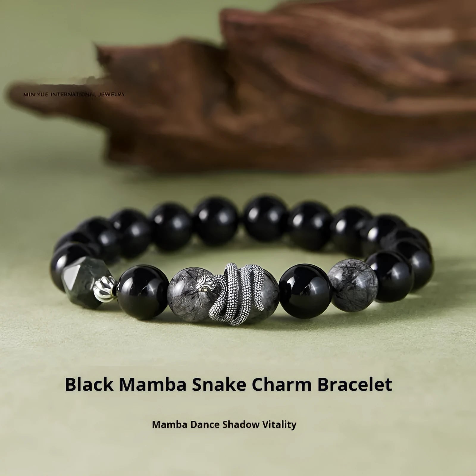 Black retro snake bracelet in 925 sterling silver with obsidian stone, showing animal modelling and certificate