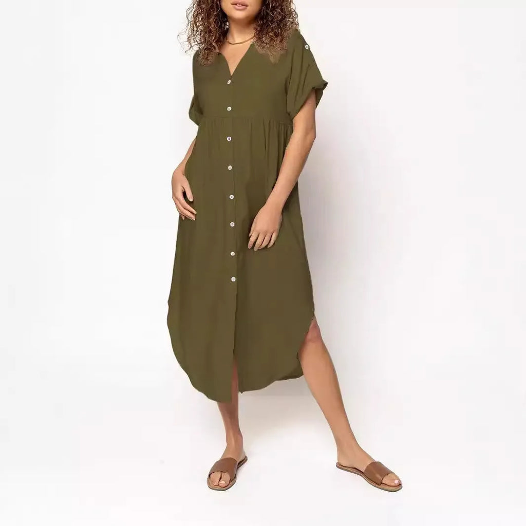 Casual button-front mid-length dress in loose fit available in multiple solid colours