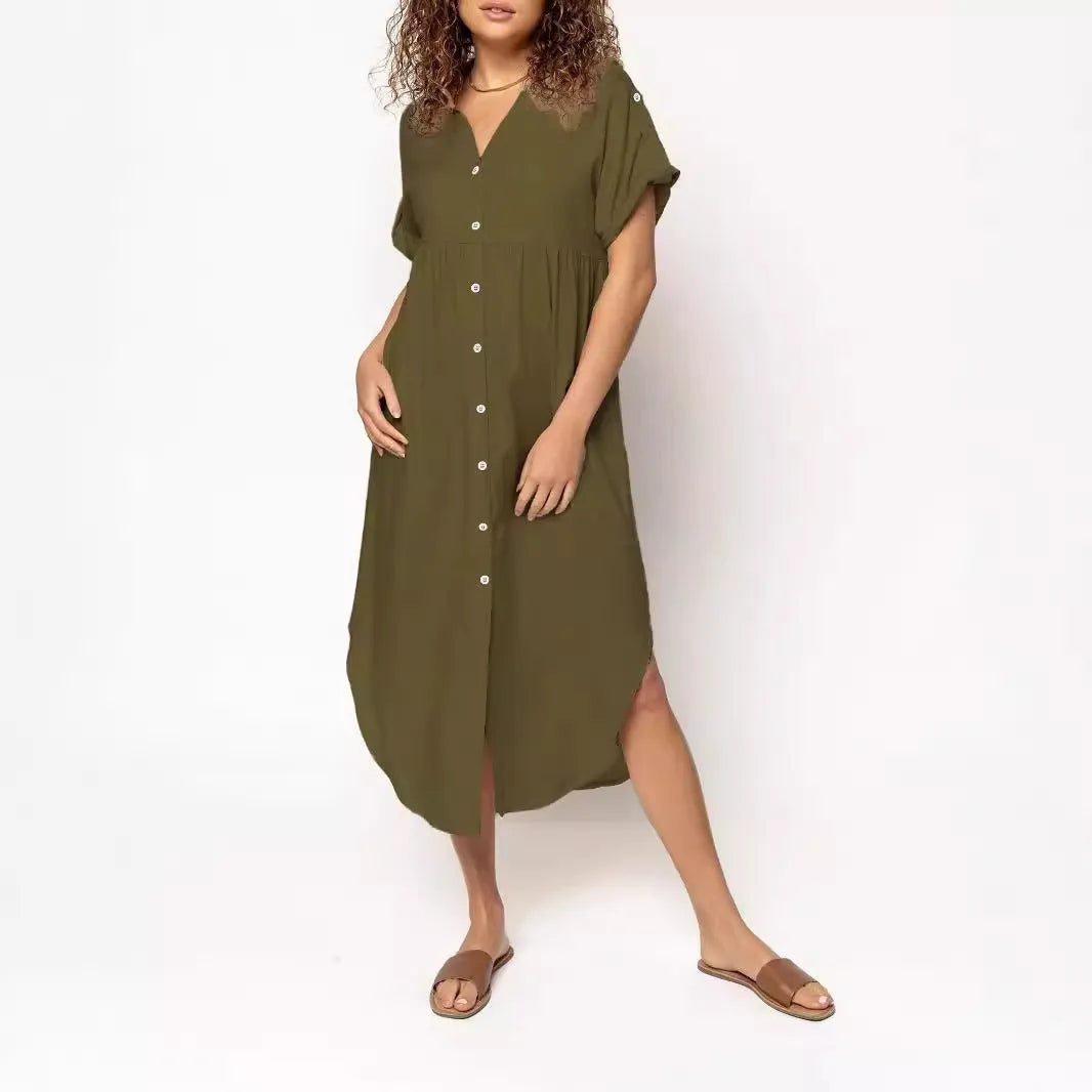Casual button-front mid-length dress in loose fit available in multiple solid colours