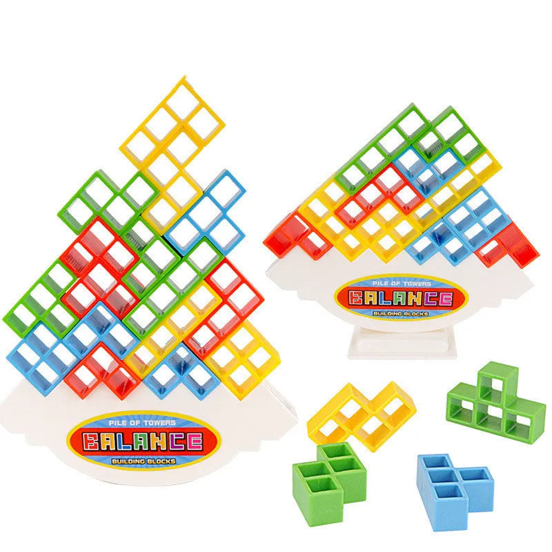 Balance stacking board game with plastic building blocks, chassis, and base for family play