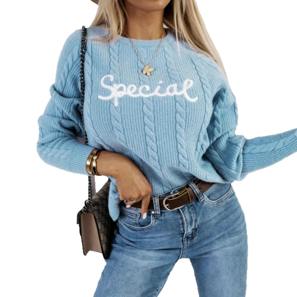 Blue crew neck pullover sweater with embroidered letters and numbers street fashion design