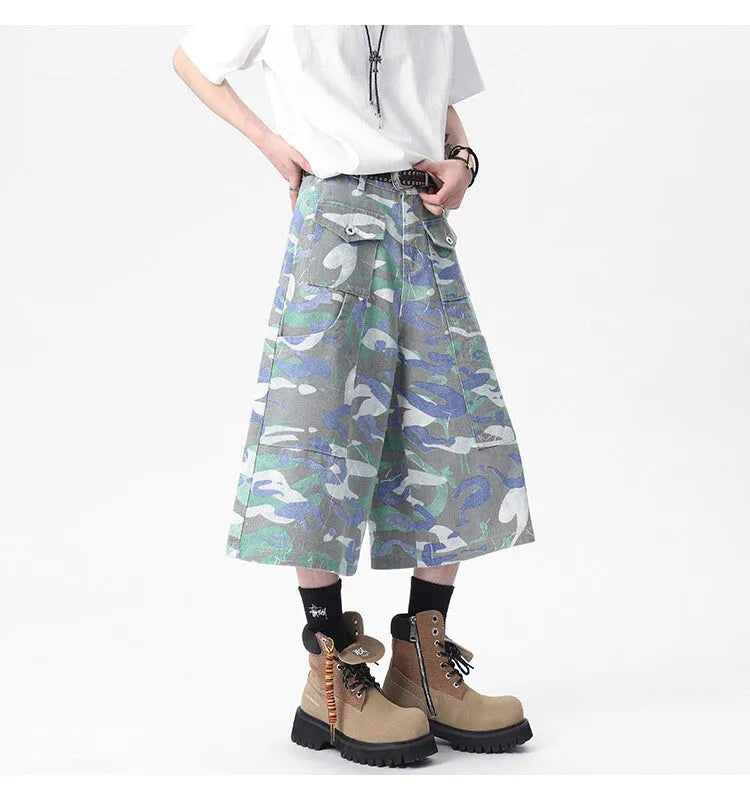 Camouflage colour denim cropped trousers with a straight leg and workwear pocket detail.