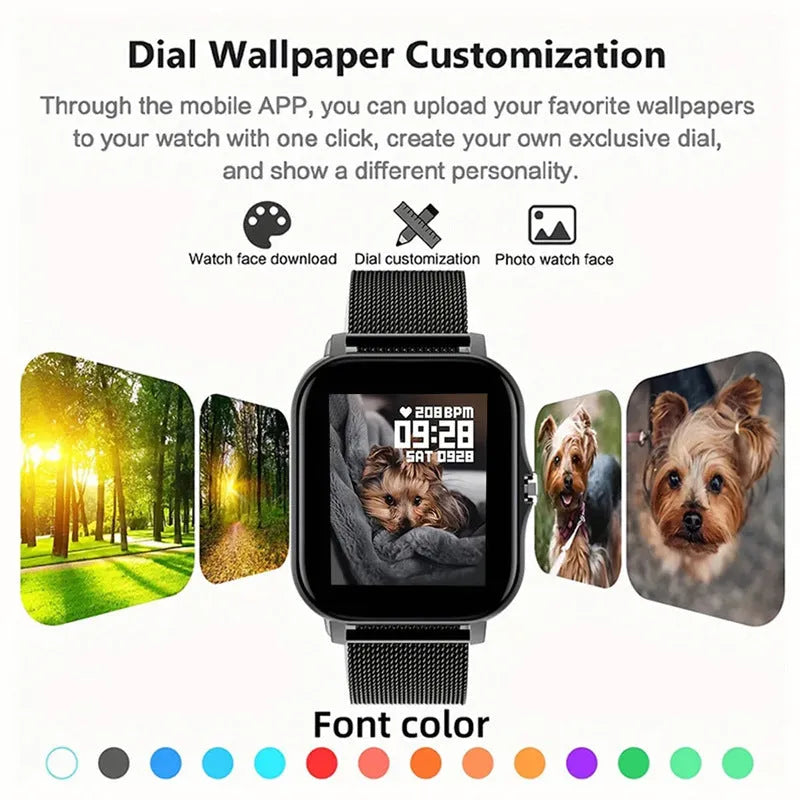 Smart watch with 1.44-inch screen showing heart rate monitoring display on silicone strap