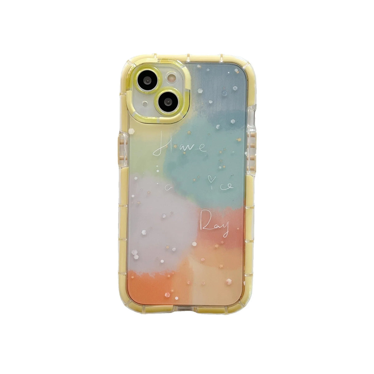 Minimalist iPhone case with a yellow edge on a phone, showing its slim TPU construction.