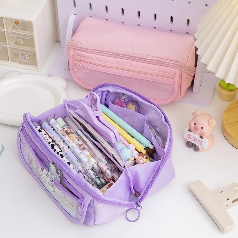 Canvas pencil case with flip design in Korean style showing organisation compartments