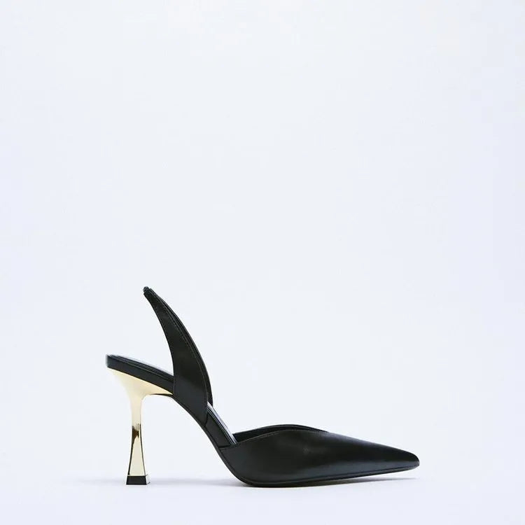 Apricot and black women's pointed toe high heels with patent leather upper and shallow mouth.