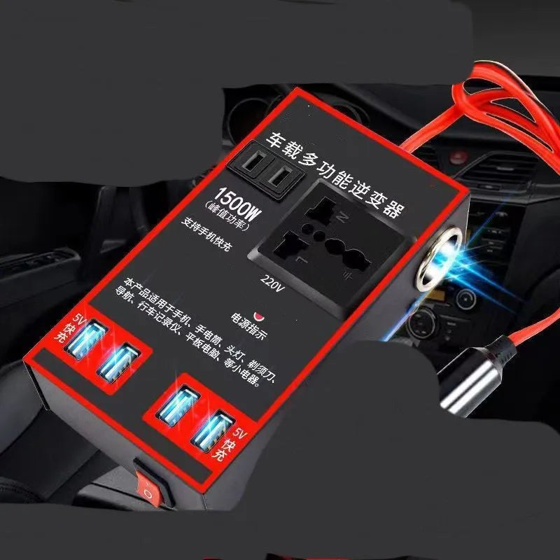 Black automotive power converter transforming 12V 24V car power to 220V with socket and USB charging ports