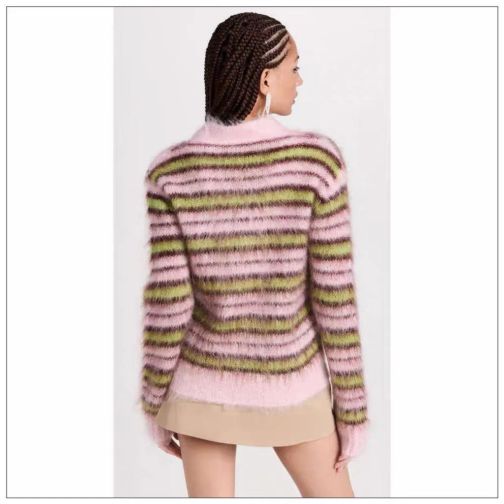 Pink Haima wool cardigan with nap finish and contrast colour detailing.