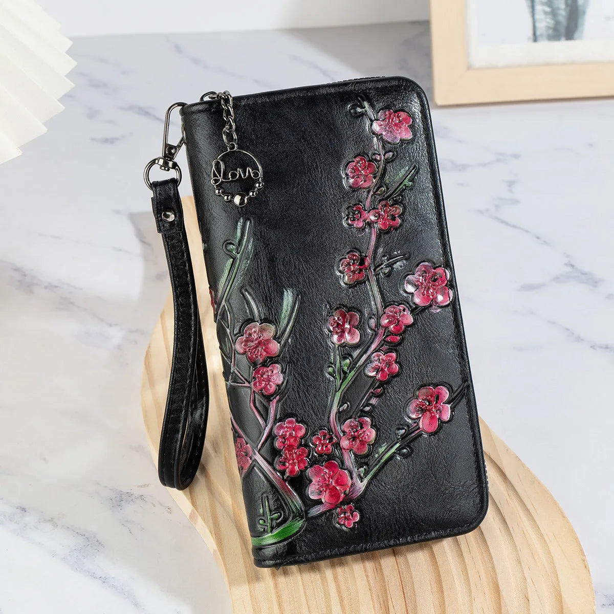 Embossed hand-painted Chinese style floral pattern zipper handbag in black, brown, or coffee.