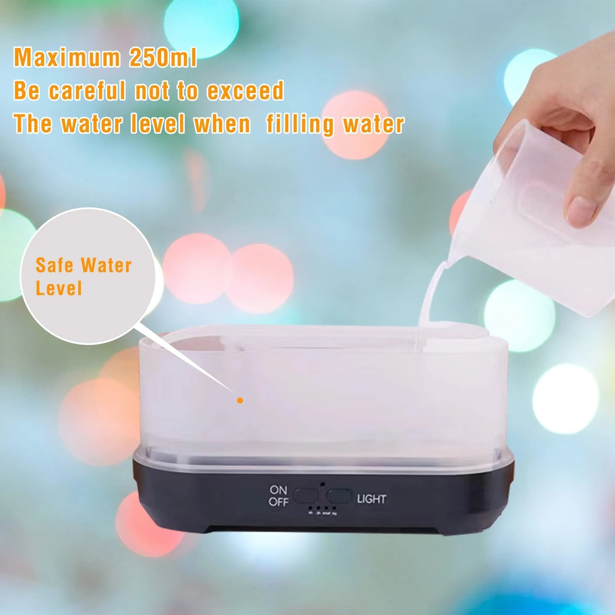 Christmas snowflake pattern humidifier with colourful flame effect and wood grain finish