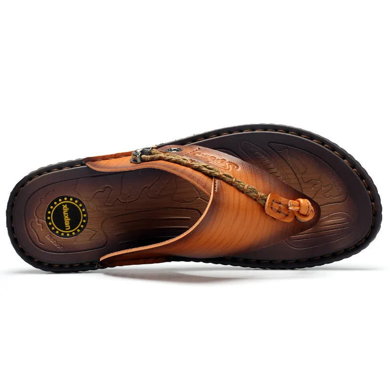 Men's dark blue herringbone pattern outdoor slippers with rubber sole, shown in a plus size.