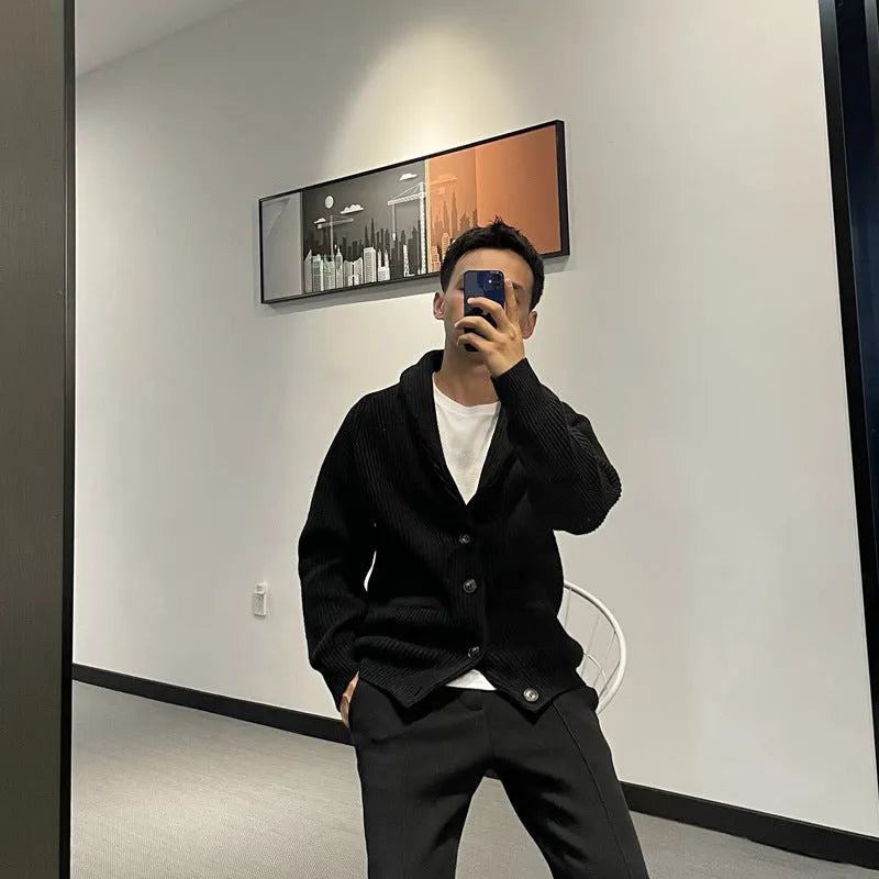 Men’s Korean style hooded knitted cardigan coat in polyester fibre, loose fit, winter long sleeve, available in green black apricot sizes M to 4XL