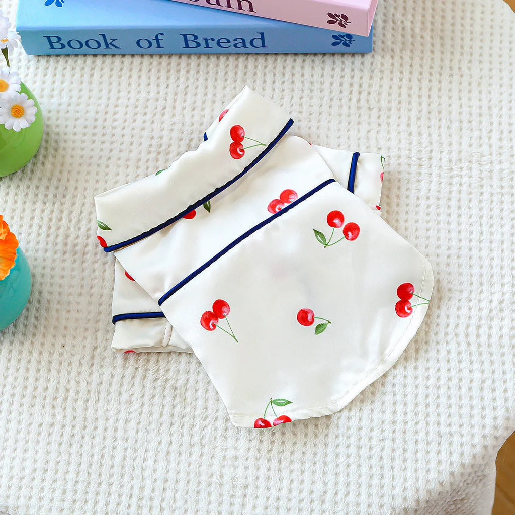 Pet pyjamas in cherry print, polyester small dog and puppy clothing in navy blue or white, sizes XS to 2L
