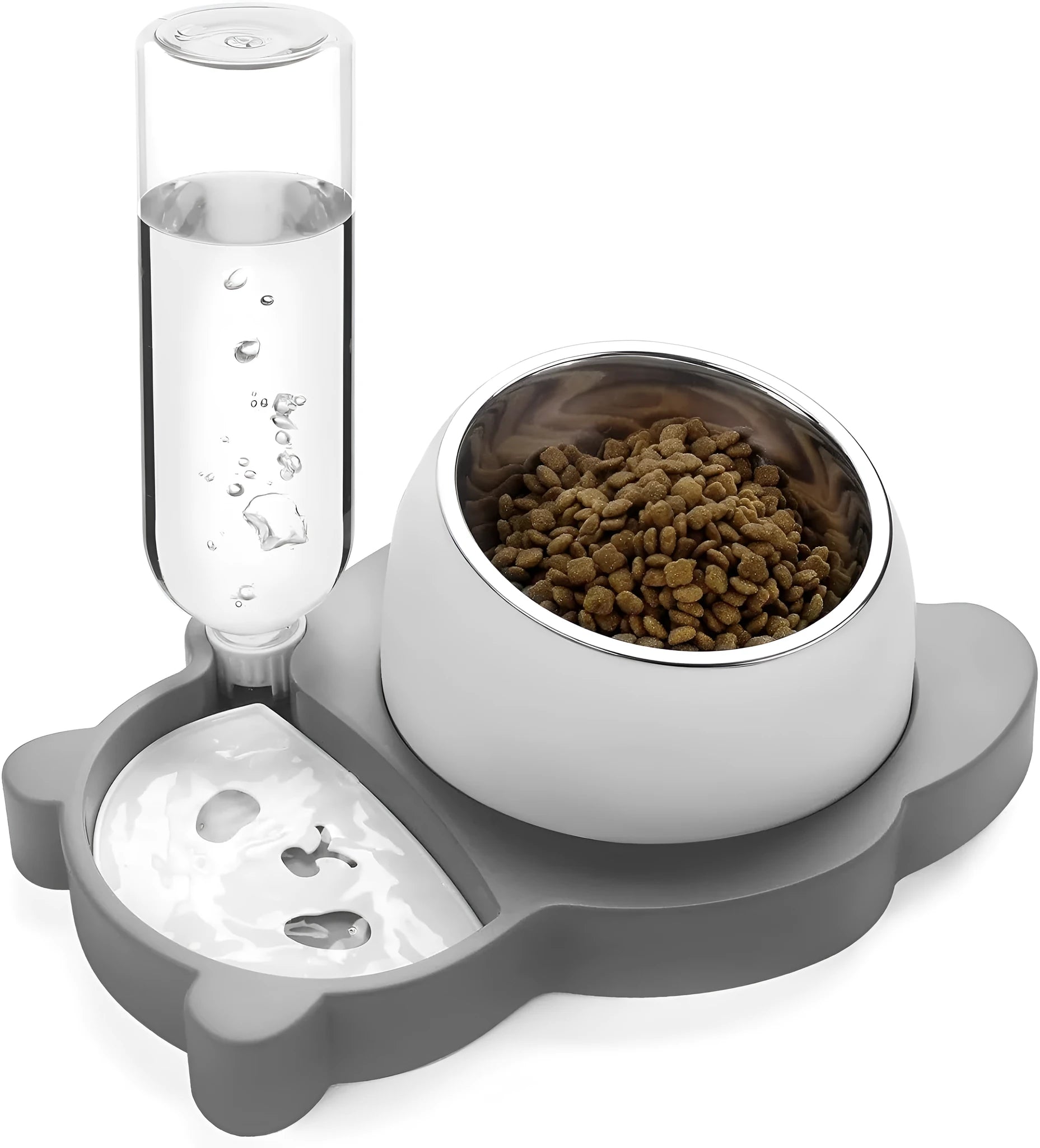Elevated panda-shaped pet feeding bowl set with tilted stainless steel bowl and automatic water dispenser bottle