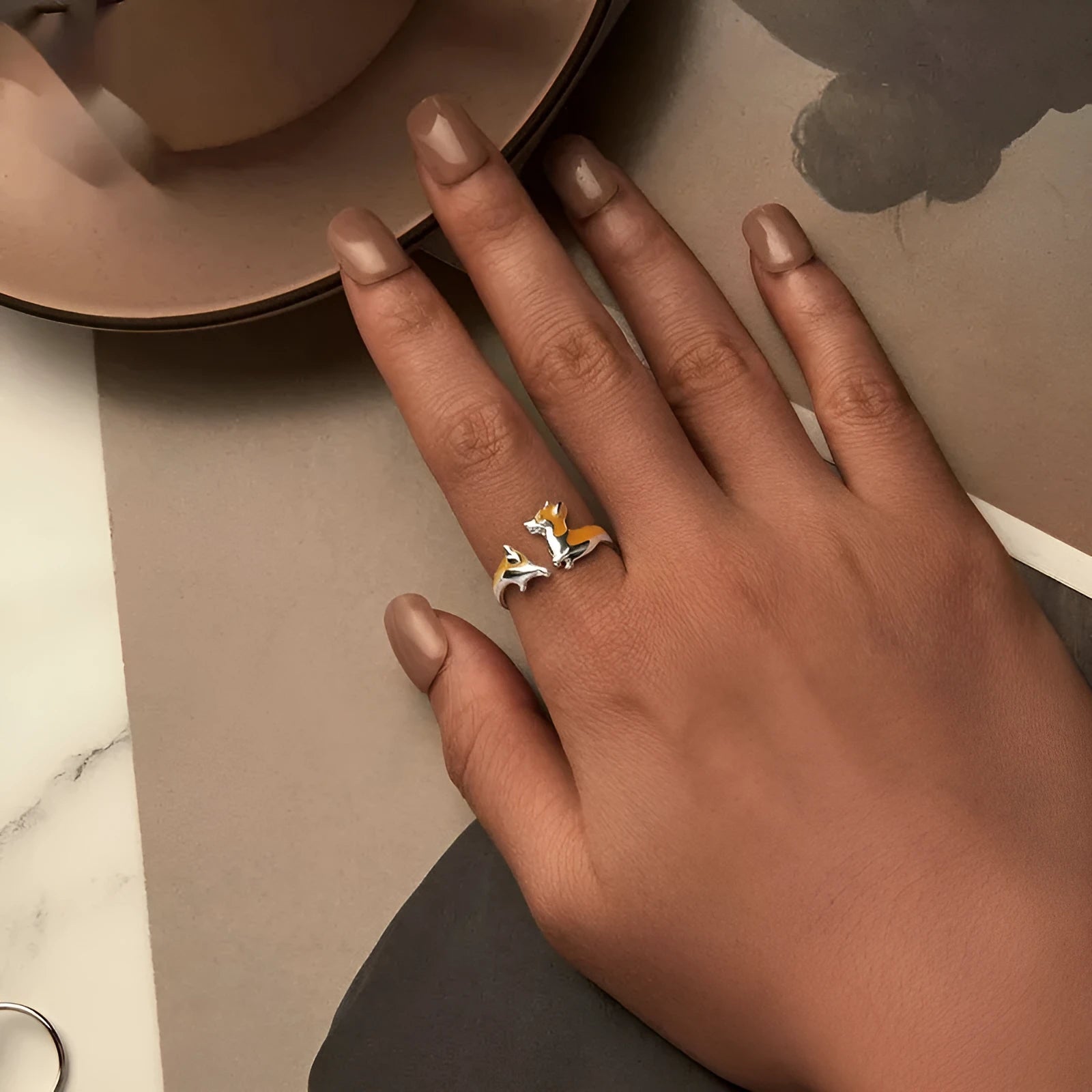 Women's silver electroplated ring with cartoon corgi pet design in SCR1014-E colour