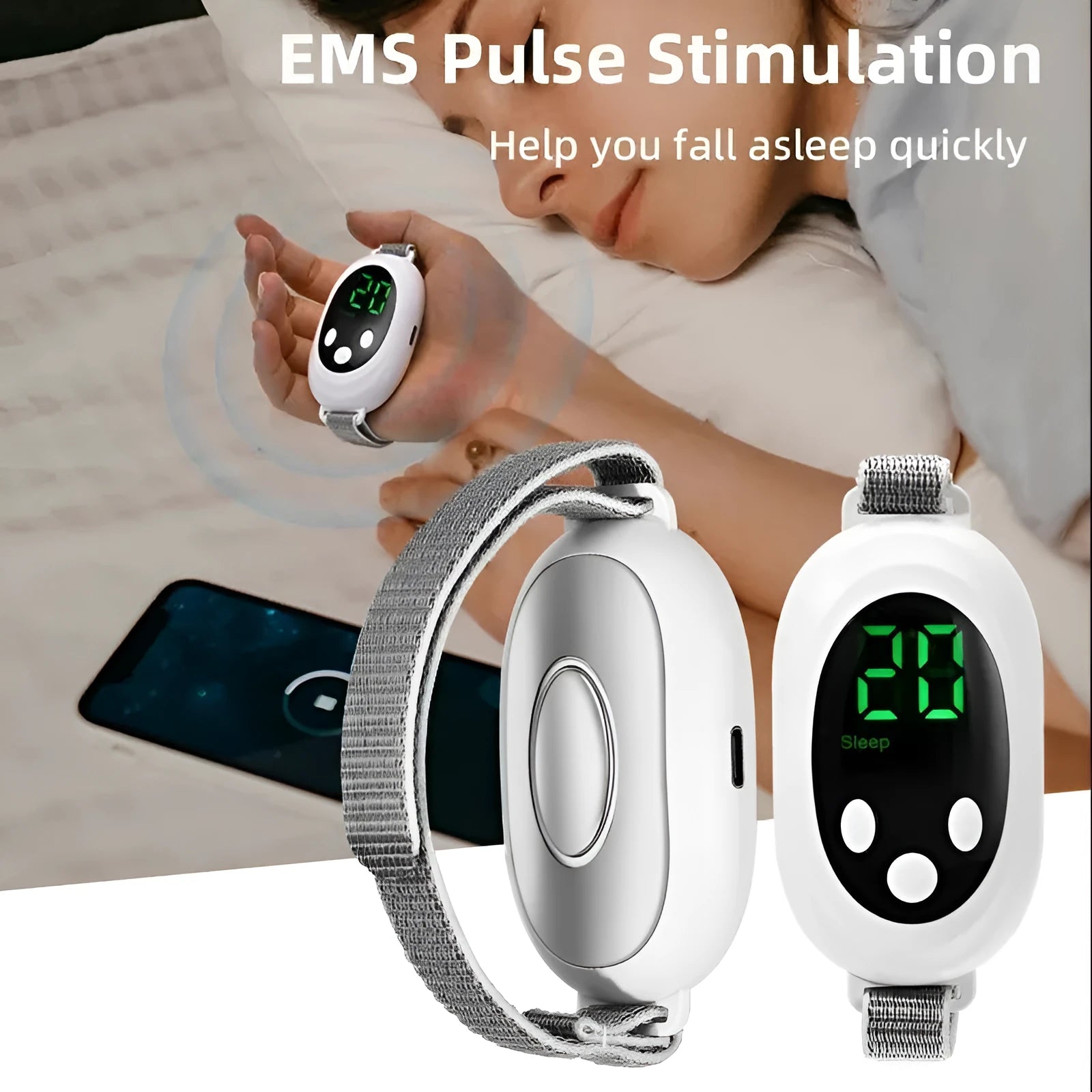 White sleep aid device with handheld remote control showing 20 intensity levels and USB charging port