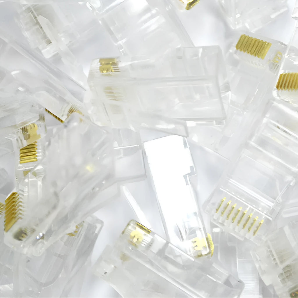 White RJ45 network modular plug with gold-plated contacts, shown alongside a bulk pack of 1000 units