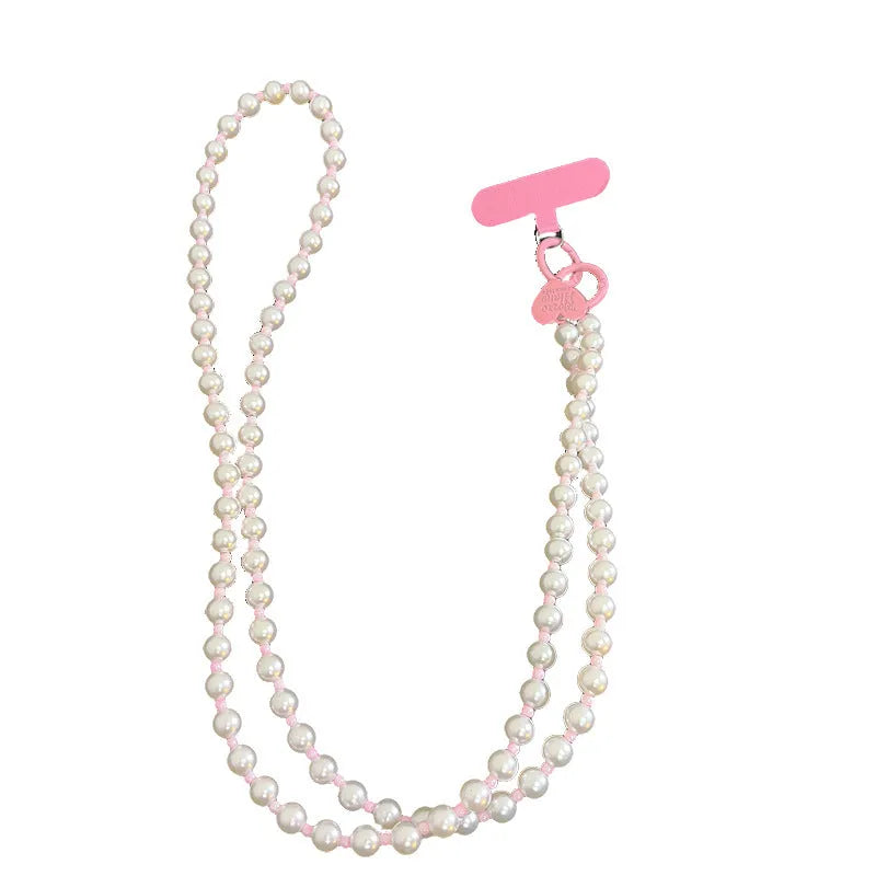 Pink beads pearl spacer love charm crossbody mobile phone lanyard with wristband and clip