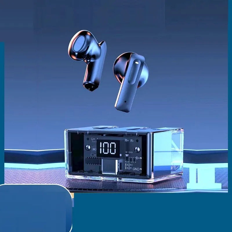 Transparent space capsule case true wireless Bluetooth headset with digital display screen in multiple colour options