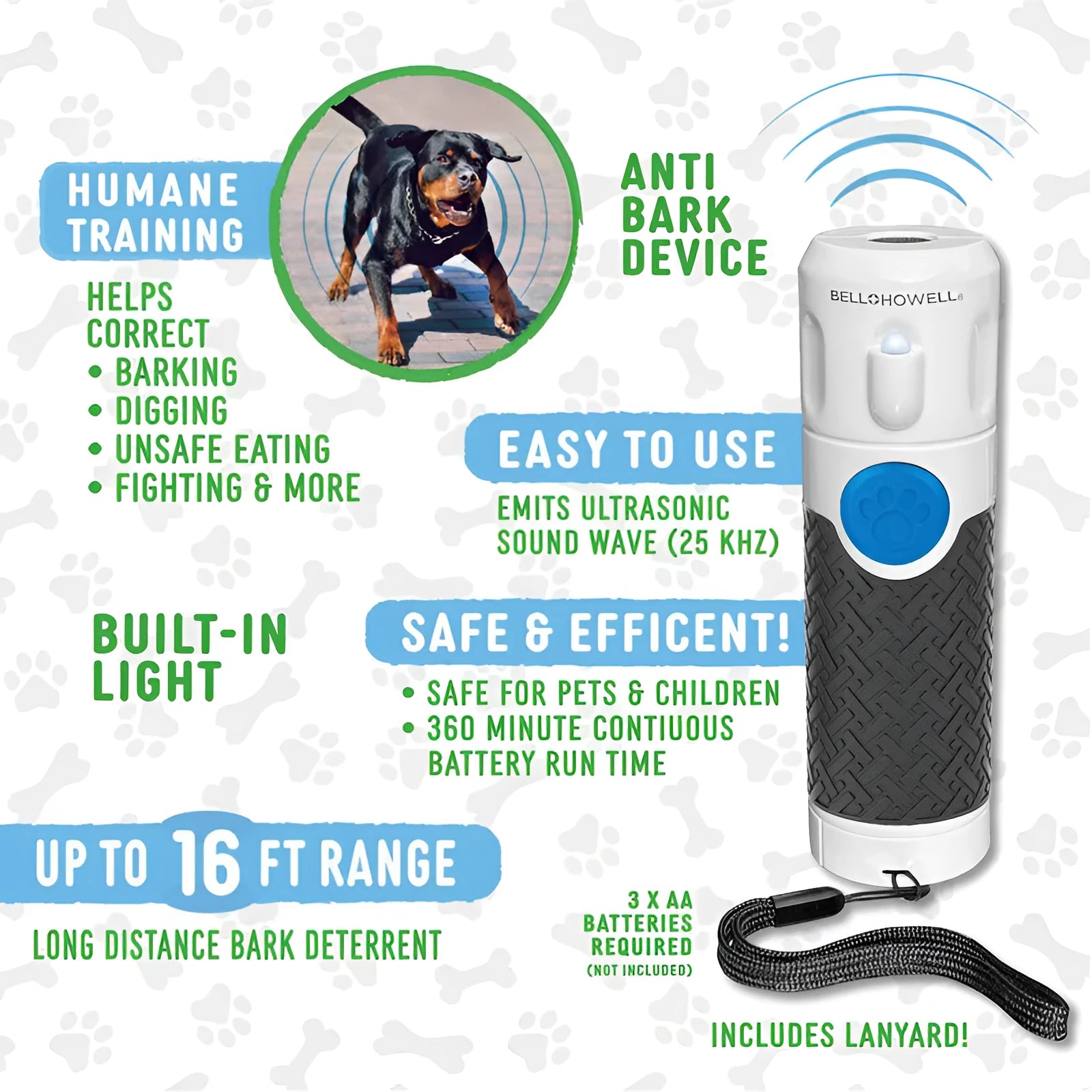 White handheld ultrasonic dog bark control trainer with AAA battery compartment.