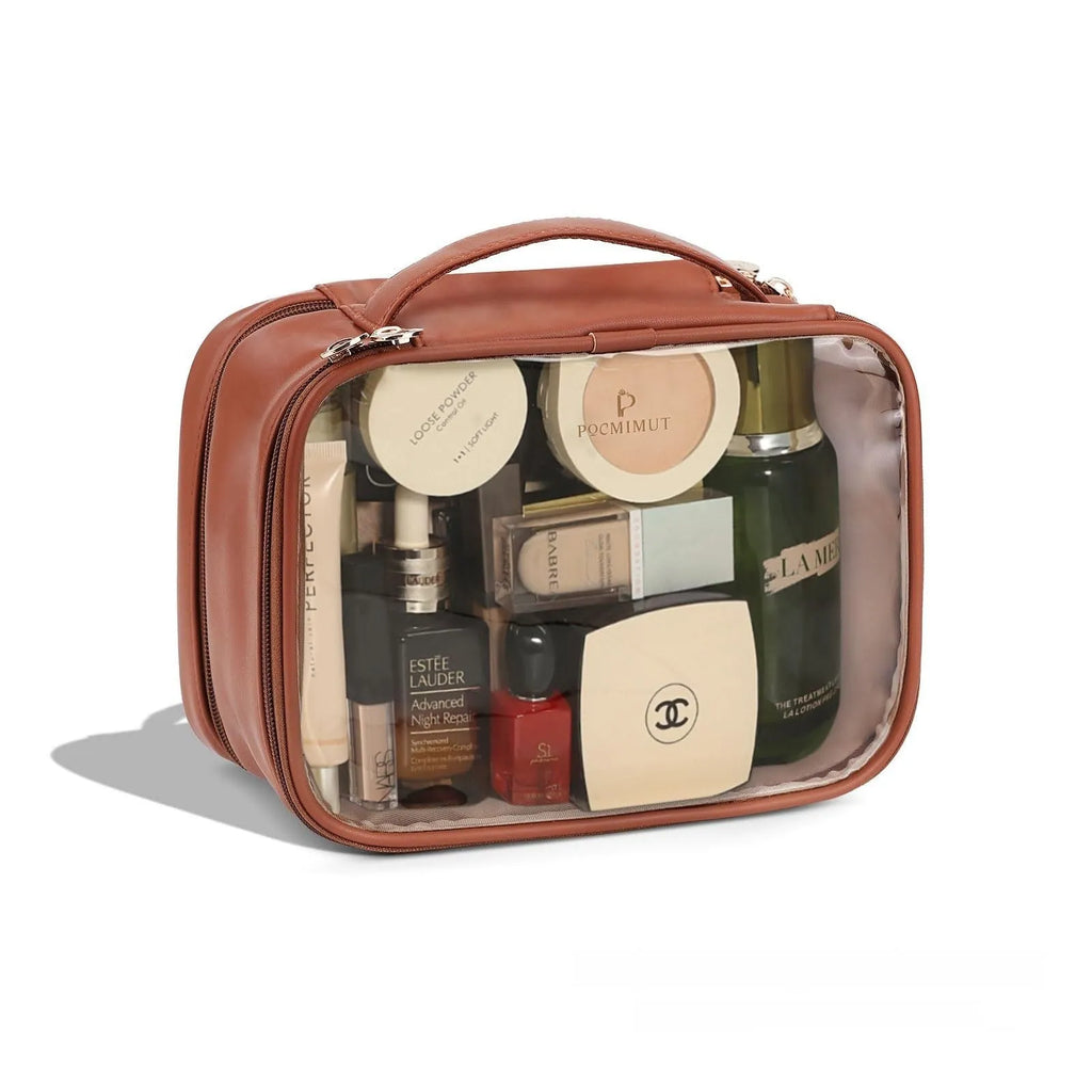 PVC transparent cosmetic bag showing interior with waterproof lining and dry-wet separation compartments
