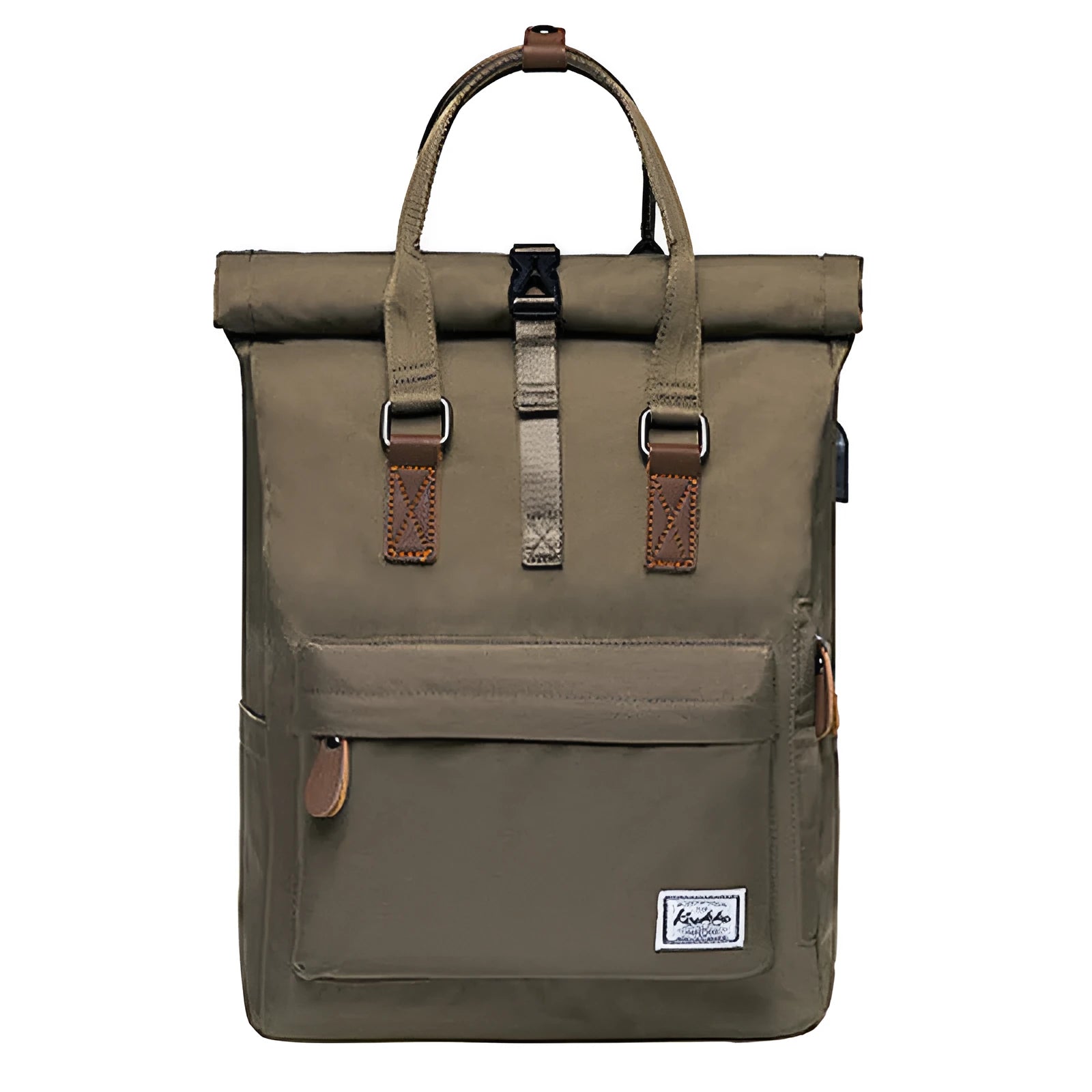 Men's casual polyester backpack in dark grey showing front view and open compartment with laptop pocket.