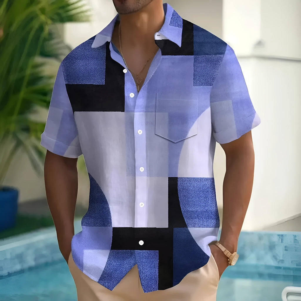 Classic retro men's shirt with geometric contrast colour block and square 3D printed pattern, loose cardigan fit, short sleeves