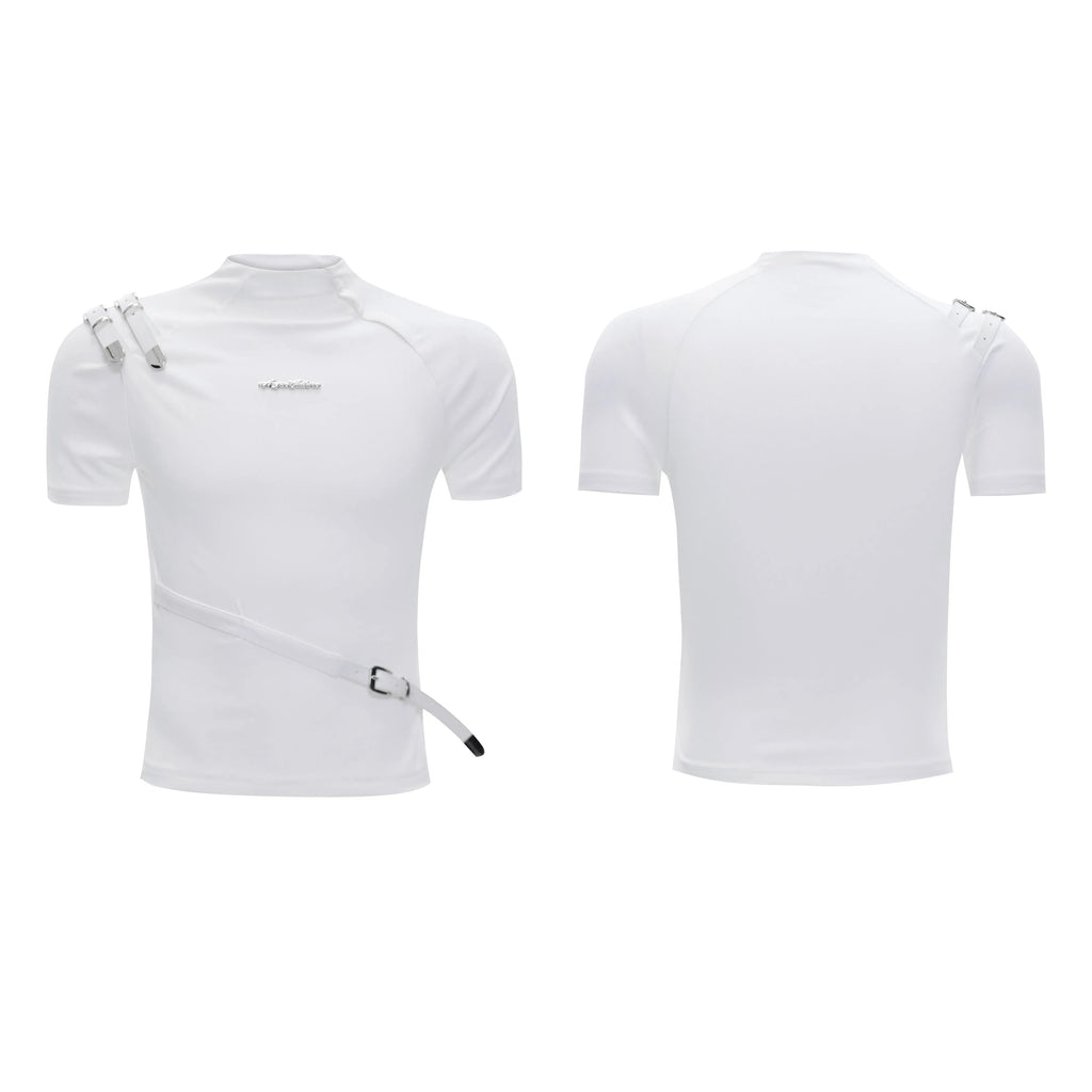 Men's black cotton T-shirt with metal belt design detail and slim fit tailoring