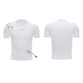 Men's black cotton T-shirt with metal belt design detail and slim fit tailoring