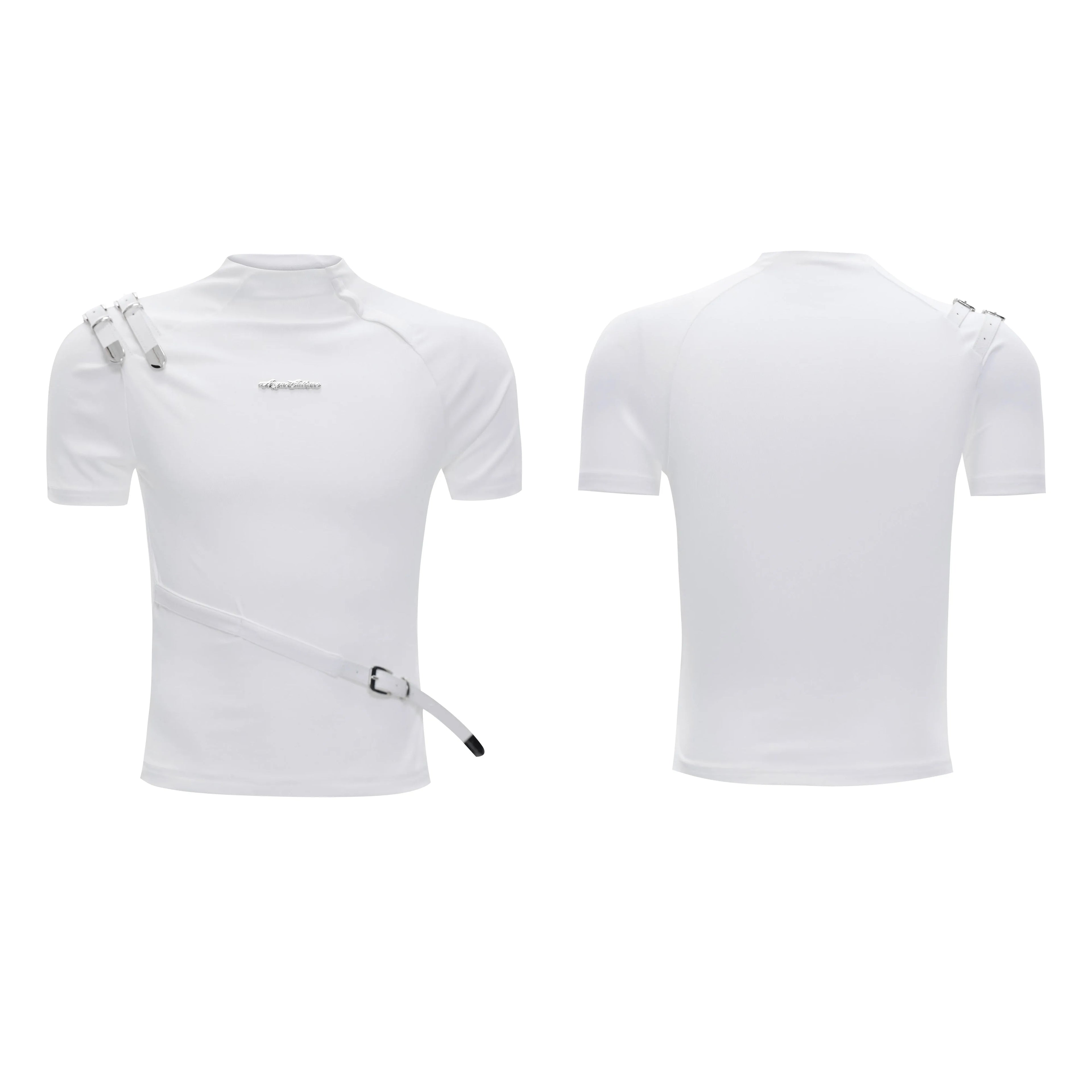 Men's black cotton T-shirt with metal belt design detail and slim fit tailoring