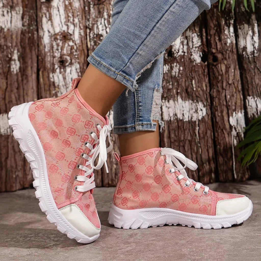 Women's rose print canvas lace-up boots with thick non-slip sole in black, pink, and khaki