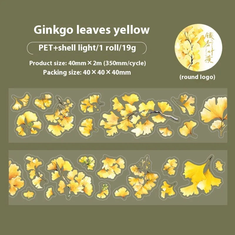 Roll of decorative PET stickers with six natural leaf patterns including ginkgo and maple designs