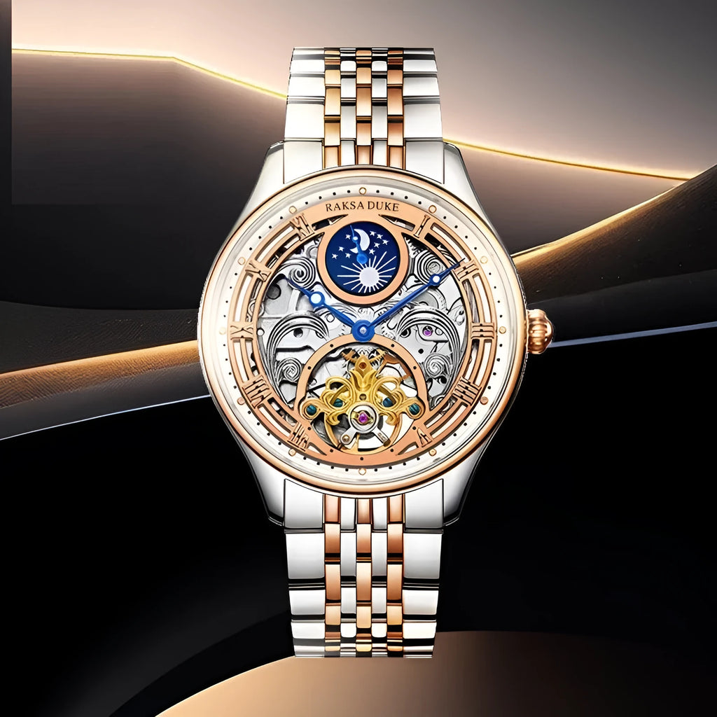 Men's waterproof business watch with stainless steel strap showing 16mm thickness and rose gold or white case options.