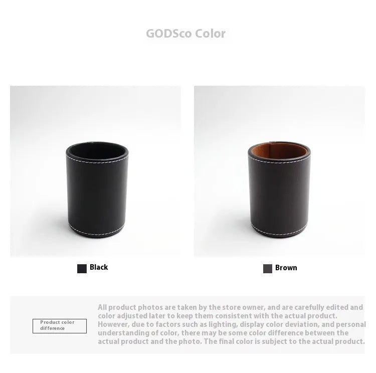 Black leather round pen holder container showing 8.0cm diameter and 10.8cm height dimensions