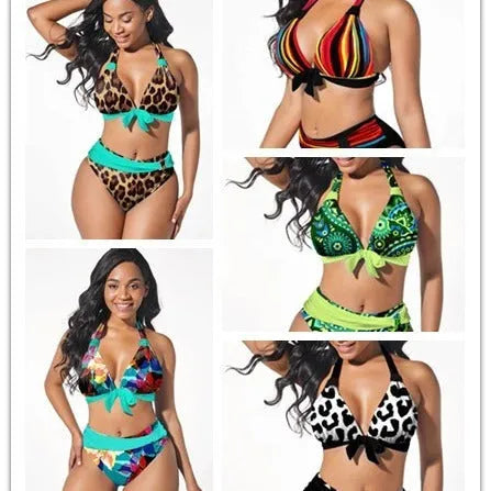 Women's plus size colourful printed two-piece bikini swimming suit set on a mannequin.