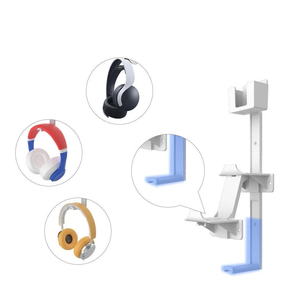 White wall-mounted plastic hook holding a game controller and a pair of headphones.