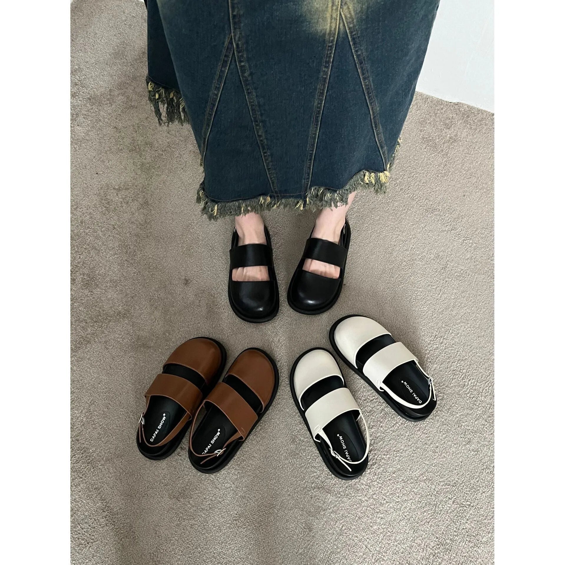 Retro raised sandals with ankle strap buckle in apricot colour showing closed toe design