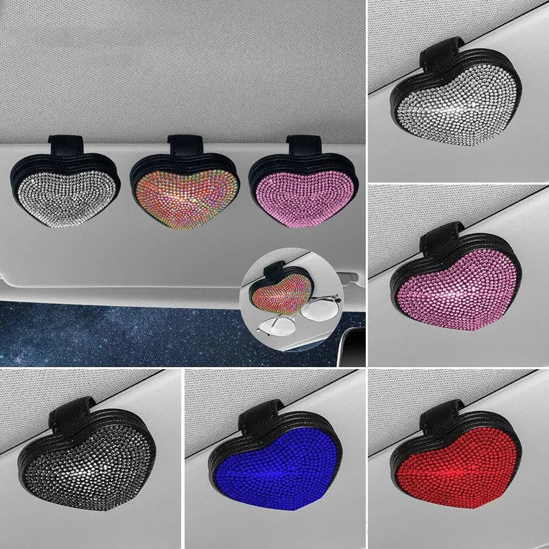 Black diamond-encrusted PU leather car sun visor clip holding sunglasses and a ticket.