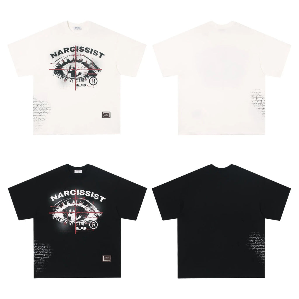 White and black retro hip hop cotton T-shirt with letter pattern, short sleeves