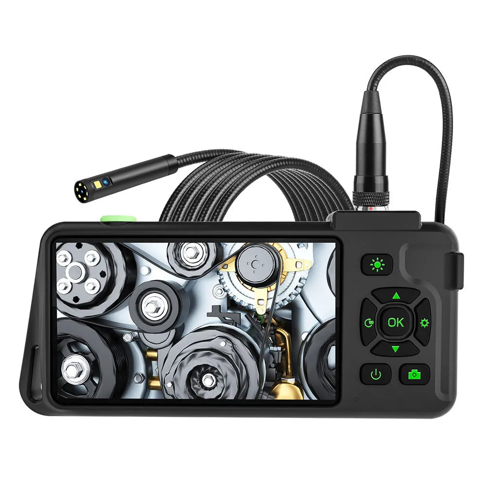 Handheld industrial endoscope with 4.5-inch screen showing automotive inspection on 5.5mm probe