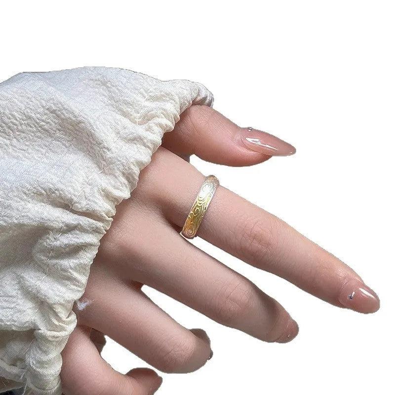 White copper xiangyun pattern adjustable ring with electroplated silver and gold finishes