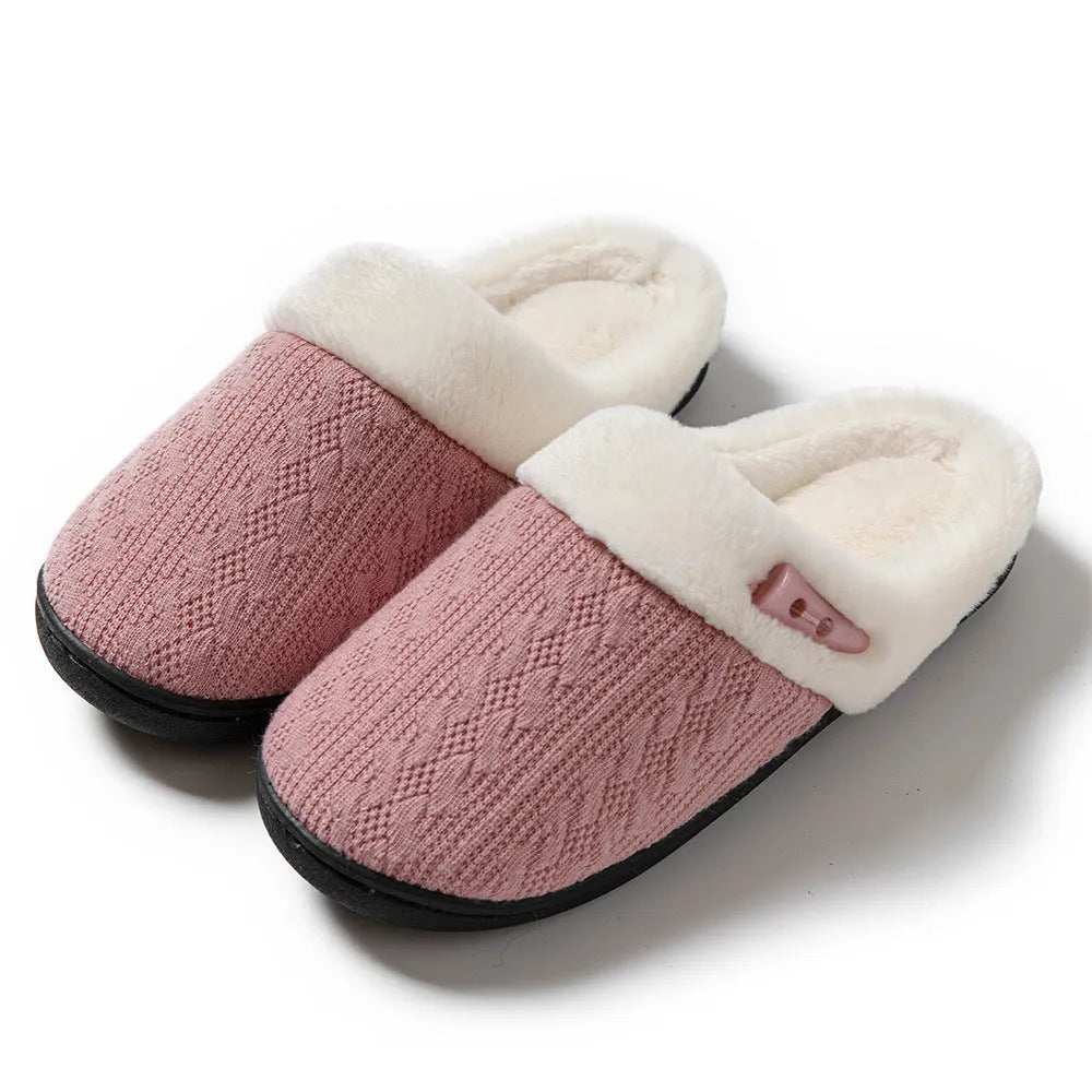 Winter cotton slippers with non-slip rubber sole, flat round toe and artificial hair lining, in five colours