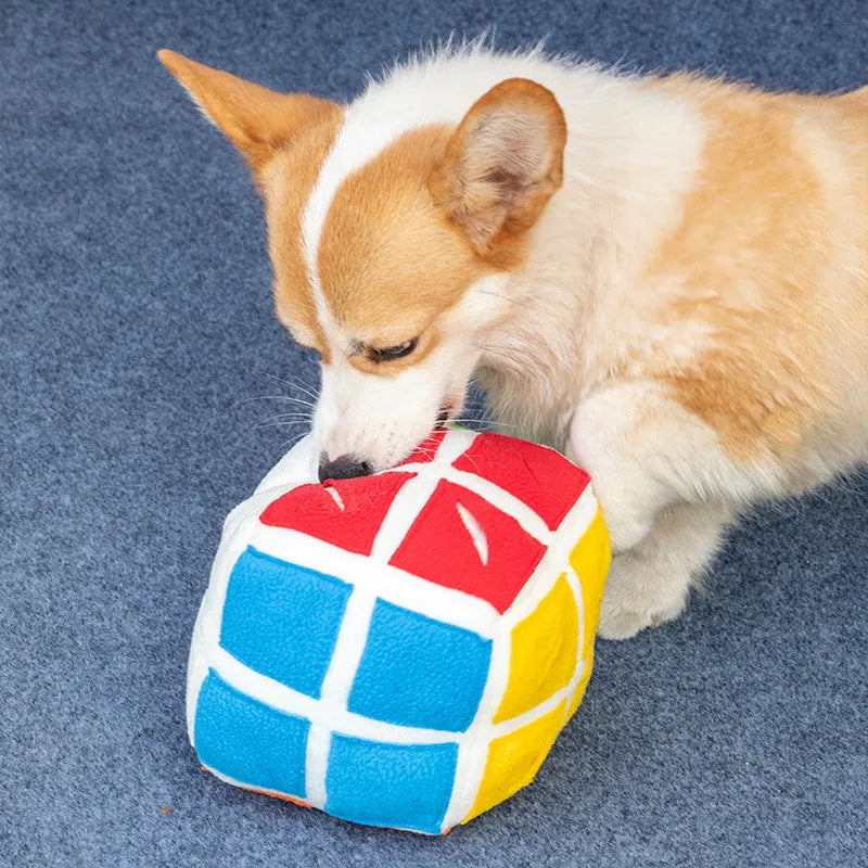 Pet Rubik's Cube sniffing toy made from polar fleece fabric, showing cube with treat compartments, for dogs and cats.