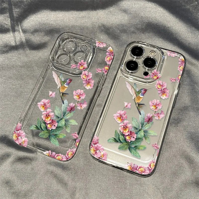 Flower Magpie fine hole all-inclusive TPU phone case for iPhone, transparent black, shockproof